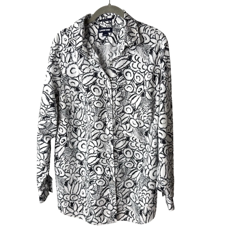 Lands' End Shirt Plus Size 18W Top Long Sleeves Black White No Iron Cotton